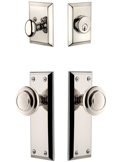 Grandeur Fifth-Avenue Entry Door Set, Keyed Alike with Circulaire Knobs in Polished Nickel.
